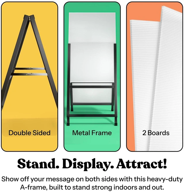 Alt view image 6 of 7 - Outdoor A-Frame Sidewalk Sign 24x36 Inch Sandwich Board, Black Coated Steel Metal Double-Sided, Heavy Duty Slide-in Folding Frame Sign Holder, 2 Corrugated Plastic Poster Boards, Display Stand