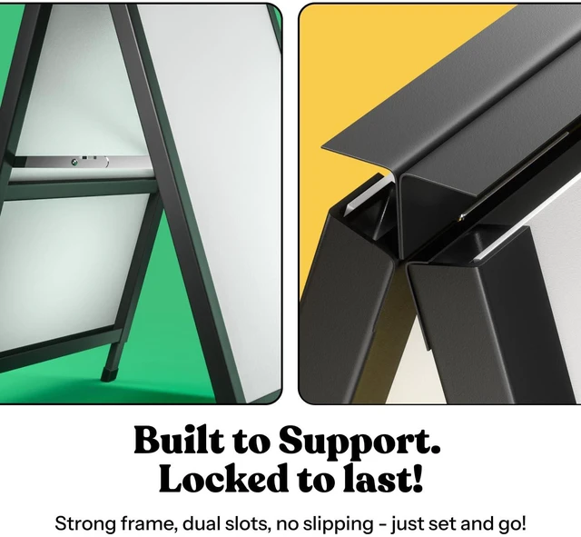 Alt view image 7 of 7 - Outdoor A-Frame Sidewalk Sign 24x36 Inch Sandwich Board, Black Coated Steel Metal Double-Sided, Heavy Duty Slide-in Folding Frame Sign Holder, 2 Corrugated Plastic Poster Boards, Display Stand