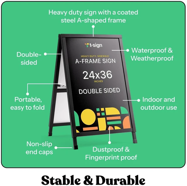 Alt view image 5 of 7 - Outdoor A-Frame Sidewalk Sign 24x36 Inch Sandwich Board, Black Coated Steel Metal Double-Sided, Heavy Duty Slide-in Folding Frame Sign Holder, 2 Corrugated Plastic Poster Boards, Display Stand