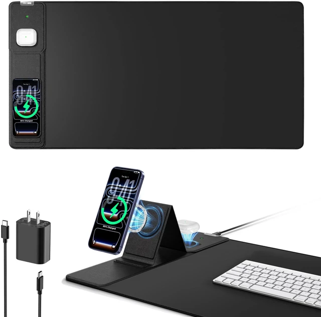 Main image of Mouse Pad with Magnetic Wireless Charging & Adjustable Phone Stand, 31.5"x15.8" Extended Desk Mat, Waterproof Ultra-Smooth Keyboard Pad, Non-Slip Base, with 20W PD Adapter, Black