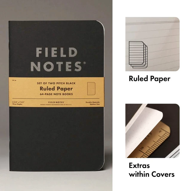 Alt view image 2 of 6 - 2-Pack Pitch Black Notebooks (4.75" X 7.5"), Ruled, 64 Pages | Thin Pocket Sized EDC Notebook With 90 GSM Paper & Paperback Cover | Work Notebooks For Note Taking | Made in the USA