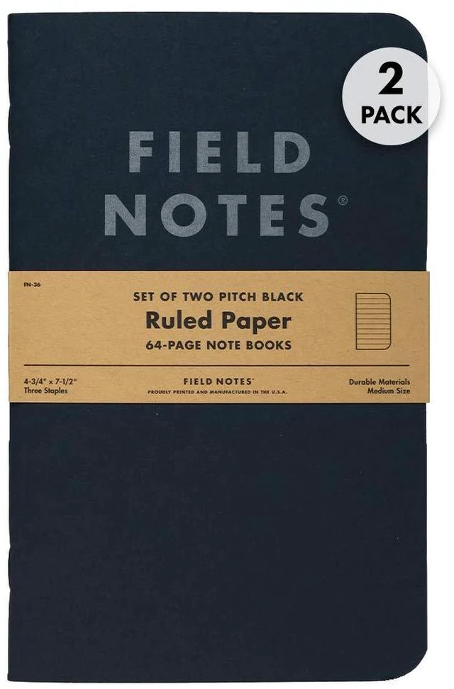 Main image of 2-Pack Pitch Black Notebooks (4.75" X 7.5"), Ruled, 64 Pages | Thin Pocket Sized EDC Notebook With 90 GSM Paper & Paperback Cover | Work Notebooks For Note Taking | Made in the USA