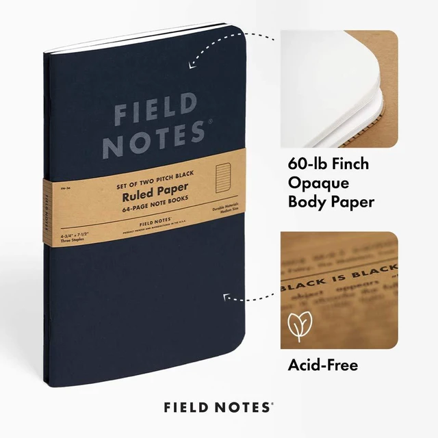 Alt view image 4 of 6 - 2-Pack Pitch Black Notebooks (4.75" X 7.5"), Ruled, 64 Pages | Thin Pocket Sized EDC Notebook With 90 GSM Paper & Paperback Cover | Work Notebooks For Note Taking | Made in the USA