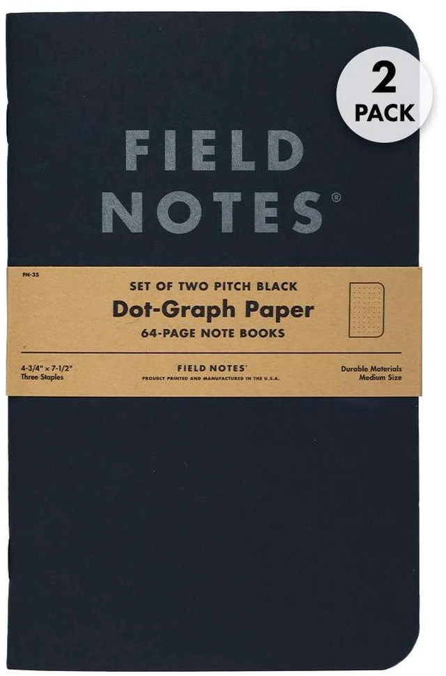 Main image of 2-Pack Pitch Black Notebooks (4.75" X 7.5"), Dot-graph, 64 Pages | Thin Pocket Sized EDC Notebook With 90 GSM Paper & Paperback Cover | Work Notebooks For Note Taking | Made in the USA