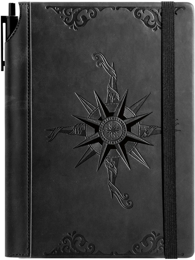 Main image of Compass Leather Journal for Men Women, A5 Lined Notebook Writing Gift 288 Pages 100 GSM Acid-free Paper, Bleed-free, Pen holder, Lay Flat, For Daily Writing, Office, Gifting