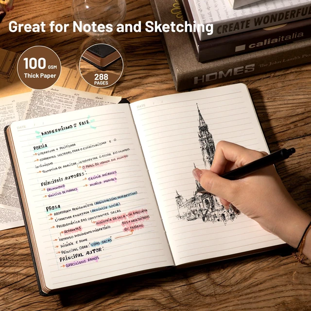 Alt view image 3 of 7 - Compass Leather Journal for Men Women, A5 Lined Notebook Writing Gift 288 Pages 100 GSM Acid-free Paper, Bleed-free, Pen holder, Lay Flat, For Daily Writing, Office, Gifting
