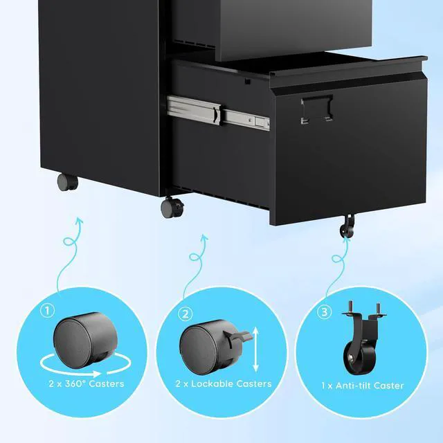 Alt view image 7 of 7 - 2 Drawer Rolling Metal File Cabinet with Lock, 5 Wheels, Black Compact under-desk file cabinet for letter and legal files; 5-wheel rolling mobility, lockable storage, assembly required