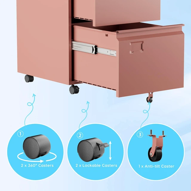 Alt view image 7 of 7 - Pink 2 Drawer Metal File Cabinet with Lock and 5 Wheels Rolling under-desk cabinet for Letter and Legal files; 5 casters, lock, steel construction, and required assembly