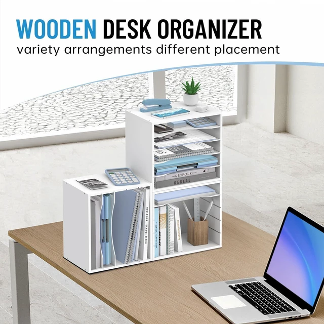 Alt view image 2 of 7 - 5-Tier Wood Desk Organizer, Paper Tray Organizer for Desk with Adjustable Storage Shelves, Desktop Mail Organizer and Paper Sorter Mail Holder for Office Home Classroom, White (Pack of 2)