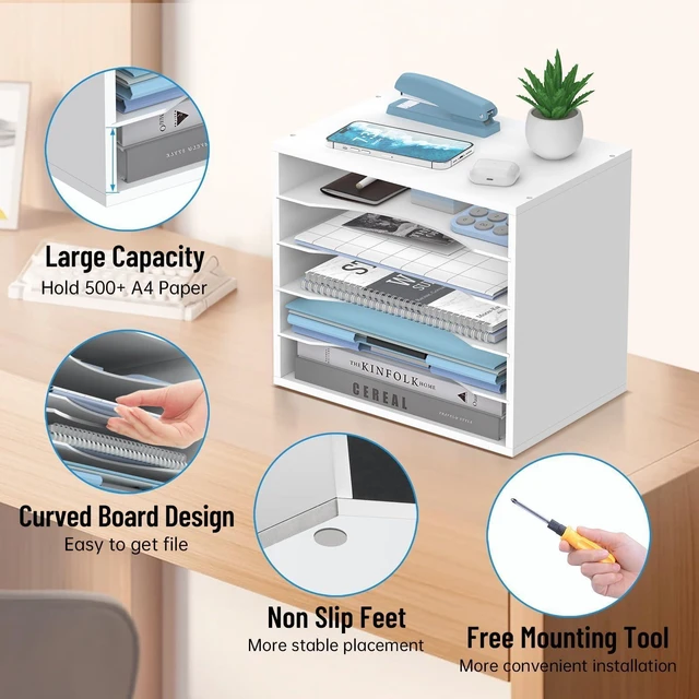 Alt view image 5 of 7 - 5-Tier Wood Desk Organizer, Paper Tray Organizer for Desk with Adjustable Storage Shelves, Desktop Mail Organizer and Paper Sorter Mail Holder for Office Home Classroom, White (Pack of 2)