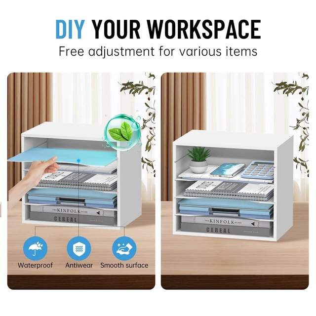Alt view image 4 of 7 - 5-Tier Wood Desk Organizer, Paper Tray Organizer for Desk with Adjustable Storage Shelves, Desktop Mail Organizer and Paper Sorter Mail Holder for Office Home Classroom, White (Pack of 2)