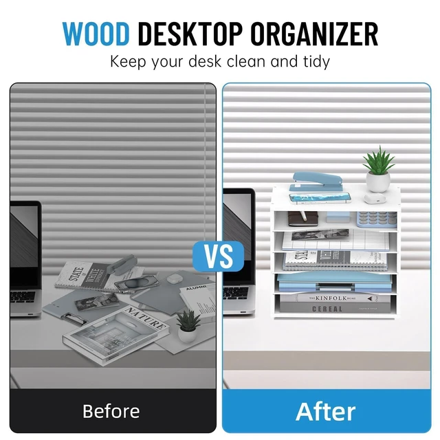 Alt view image 6 of 7 - 5-Tier Wood Desk Organizer, Paper Tray Organizer for Desk with Adjustable Storage Shelves, Desktop Mail Organizer and Paper Sorter Mail Holder for Office Home Classroom, White (Pack of 2)