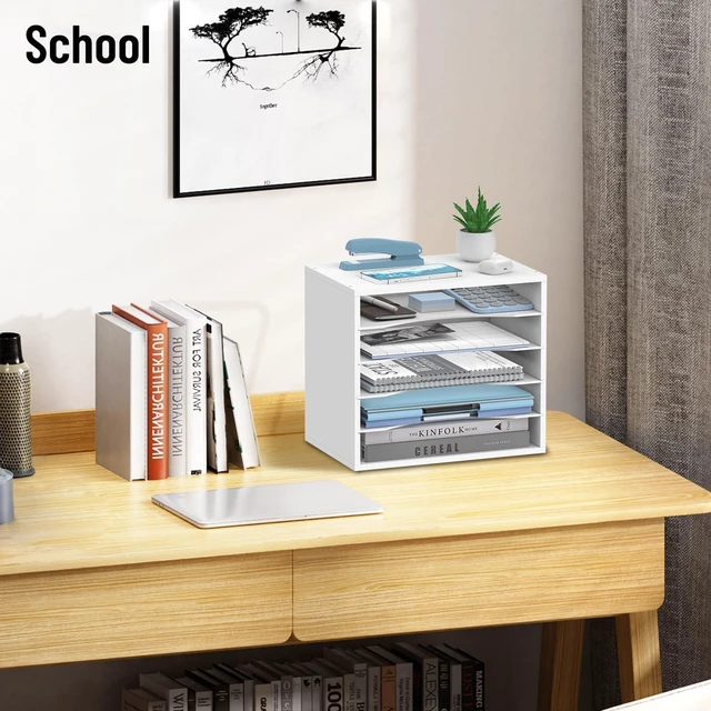 Alt view image 7 of 7 - 5-Tier Wood Desk Organizer, Paper Tray Organizer for Desk with Adjustable Storage Shelves, Desktop Mail Organizer and Paper Sorter Mail Holder for Office Home Classroom, White (Pack of 2)