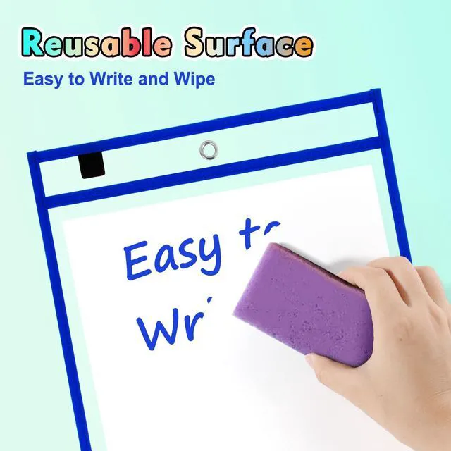 Alt view image 3 of 7 - 50 Packs Dry Erase Pocket Sleeves, Reusable Clear Plastic Classroom Sleeves, 10x14 Inch Ticket Holders, for School/Office Organization