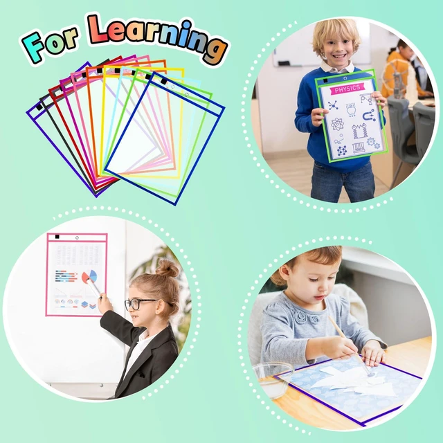 Alt view image 6 of 7 - 50 Packs Dry Erase Pocket Sleeves, Reusable Clear Plastic Classroom Sleeves, 10x14 Inch Ticket Holders, for School/Office Organization