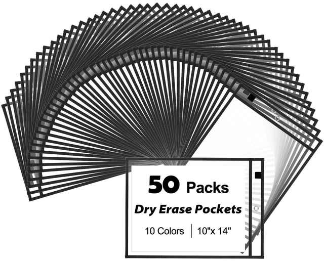 Main image of 50-Pack Oversized Reusable Dry Erase Pocket Sleeves, 10x14 Ticket Holders, Clear Plastic Dry Erase Pockets, Teacher School Classroom Supplies, Black