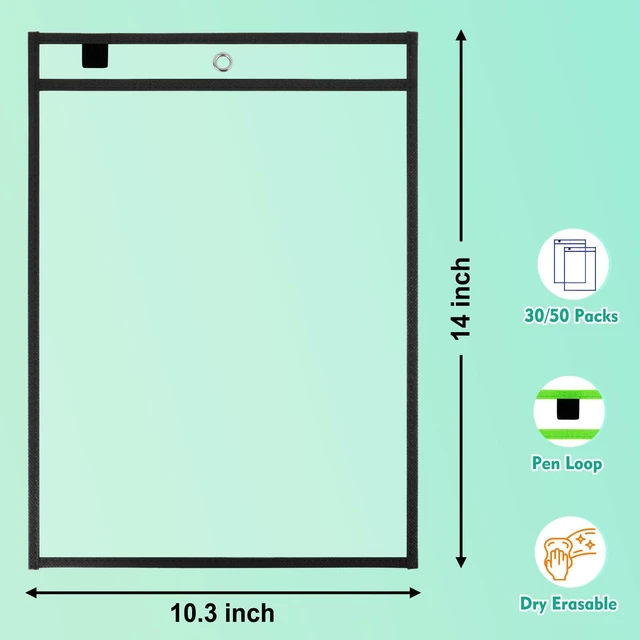 Alt view image 2 of 7 - 50-Pack Oversized Reusable Dry Erase Pocket Sleeves, 10x14 Ticket Holders, Clear Plastic Dry Erase Pockets, Teacher School Classroom Supplies, Black