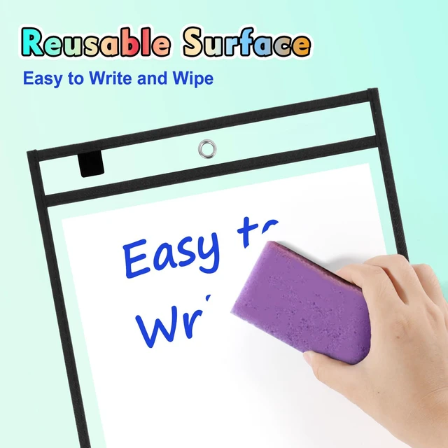 Alt view image 4 of 7 - 50-Pack Oversized Reusable Dry Erase Pocket Sleeves, 10x14 Ticket Holders, Clear Plastic Dry Erase Pockets, Teacher School Classroom Supplies, Black