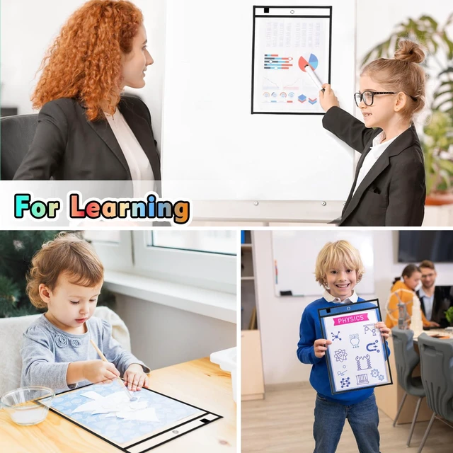Alt view image 7 of 7 - 50-Pack Oversized Reusable Dry Erase Pocket Sleeves, 10x14 Ticket Holders, Clear Plastic Dry Erase Pockets, Teacher School Classroom Supplies, Black