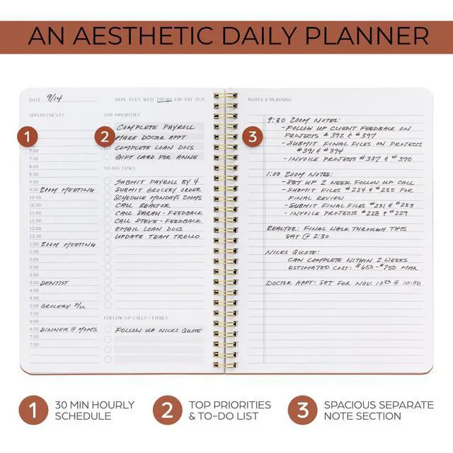 Alt view image 2 of 7 - Beautiful Daily Planner And Notebook With Hourly Schedule - Spiral Notebook Aesthetic Spiral to Do List Notepad to Easily Organize Your Tasks and Appointments - School or Office Supplies for Women