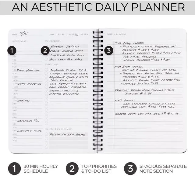 Alt view image 2 of 7 - Beautiful Daily Planner And Notebook With Hourly Schedule - Spiral Notebook Aesthetic Spiral to Do List Notepad to Easily Organize Your Tasks and Appointments - School or Office Supplies for Women