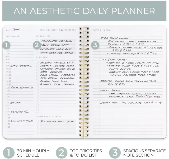 Alt view image 4 of 7 - Beautiful Daily Planner And Notebook With Hourly Schedule - Spiral Notepad Aesthetic Spiral to Do List Notepad to Easily Organize Your Tasks and Appointments - School or Office Supplies for Women