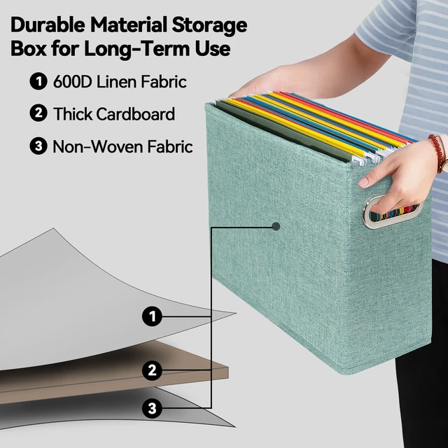 Alt view image 3 of 7 - 6 Pack Letter Size File Storage Box CollapsibleFabric Hanging File Folders Organizer, Portable Office Document Holder with Metal Handle, Smooth PVC Rails, Green