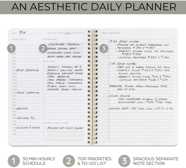 Alt view image 2 of 7 - Beautiful Daily Planner And Notebook With Hourly Schedule - Spiral Notebook Aesthetic Spiral to Do List Notepad to Easily Organize Your Tasks and Appointments - School or Office Supplies for Women