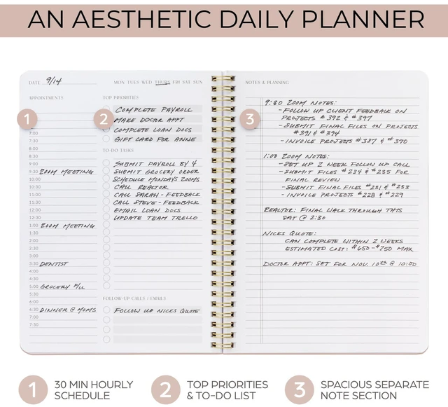 Alt view image 2 of 7 - Beautiful Daily Planner And Notebook With Hourly Schedule - Spiral Notebook Aesthetic Spiral to Do List Notepad to Easily Organize Your Tasks and Appointments - School or Office Supplies for Women