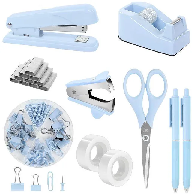 Main image of Blue Office Desk Accessories, Stapler and Tape Dispenser Set,10PCS Blue Office Supplies, Stapler, Tape Dispenser, Scissors, Clips and 1000pcs Staples,Desk Supplies for Women