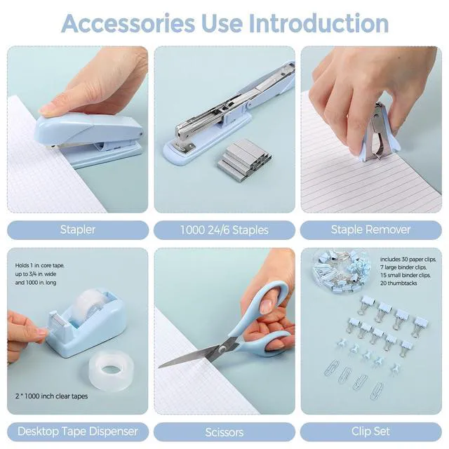 Alt view image 2 of 7 - Blue Office Desk Accessories, Stapler and Tape Dispenser Set,10PCS Blue Office Supplies, Stapler, Tape Dispenser, Scissors, Clips and 1000pcs Staples,Desk Supplies for Women
