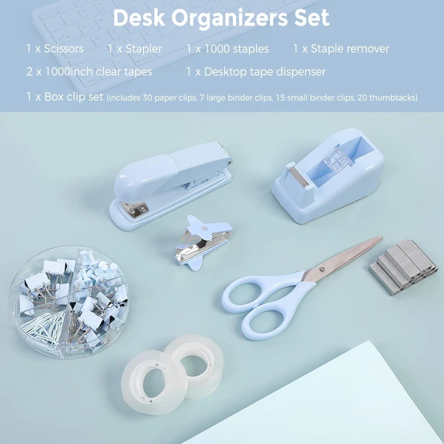 Alt view image 3 of 7 - Blue Office Desk Accessories, Stapler and Tape Dispenser Set,10PCS Blue Office Supplies, Stapler, Tape Dispenser, Scissors, Clips and 1000pcs Staples,Desk Supplies for Women