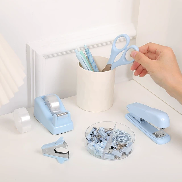 Alt view image 5 of 7 - Blue Office Desk Accessories, Stapler and Tape Dispenser Set,10PCS Blue Office Supplies, Stapler, Tape Dispenser, Scissors, Clips and 1000pcs Staples,Desk Supplies for Women