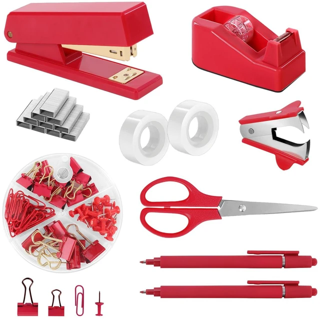 Main image of Red Office Supplies Set, Desk Accessories, Stapler, Tape Dispenser, Scissors, Binder/Paper Clips and 1000pcs Staples, Office Decor for Women