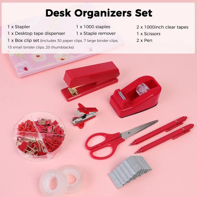 Alt view image 6 of 7 - Red Office Supplies Set, Desk Accessories, Stapler, Tape Dispenser, Scissors, Binder/Paper Clips and 1000pcs Staples, Office Decor for Women