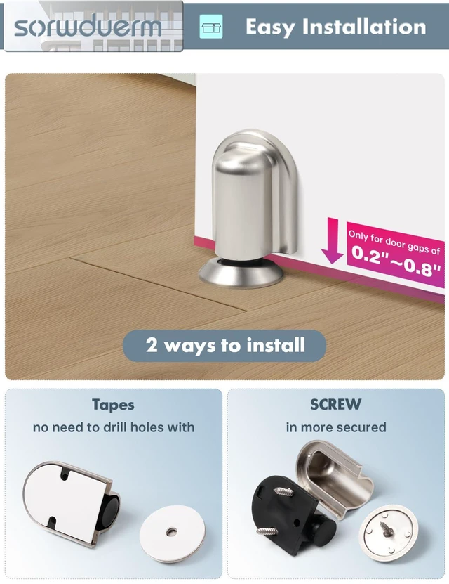 Alt view image 6 of 7 - 4 Pack Nickel Door Stopper Magnetic Door Cathc Brushed Nickel Floor Mounted Door Stop Keep Door Open with Screws and Adhesive No Drilling