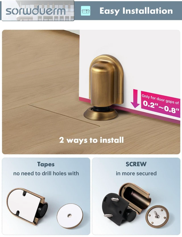 Alt view image 5 of 7 - 4 Pack Antique Brass Door Stopper Magnetic Door Cathc Floor Mounted Door Stop Keep Door Open with Screws and Adhesive No Drilling