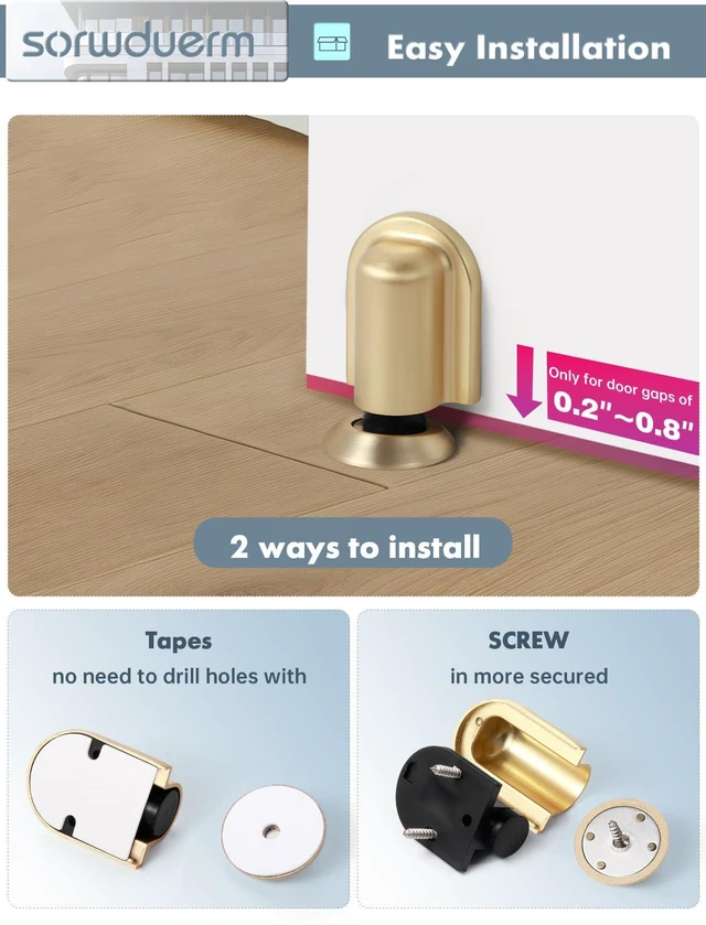 Alt view image 5 of 7 - 4 Pack Gold Door Stopper Magnetic Door Cathc Brushed Gold Floor Mounted Door Stop Keep Door Open with Screws and Adhesive No Drilling