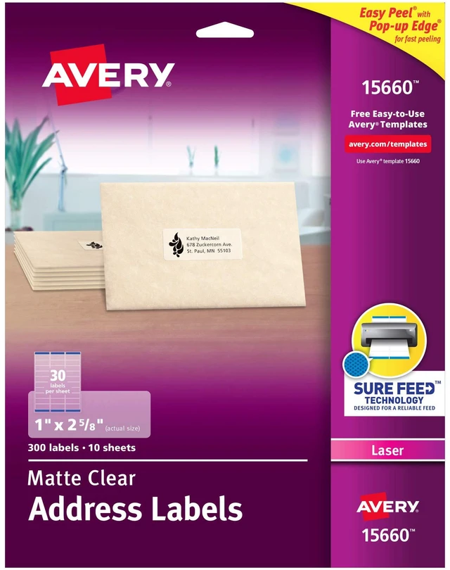 Main image of Printable Address Labels for Laser Printers, 1" x 2-5/8", Matte Clear, 300 Blank Mailing Labels, 5 Packs (15660)