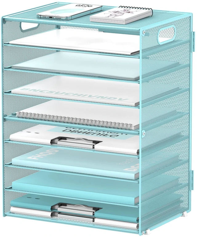 Main image of 9-Tier Paper Organizer for Desk, Metal Mesh Letter Tray with Handles, Blue Desk File Organizer with Removable Trays for Sorting Files, Folders, Mail and Printer Paper at Home, School or Office