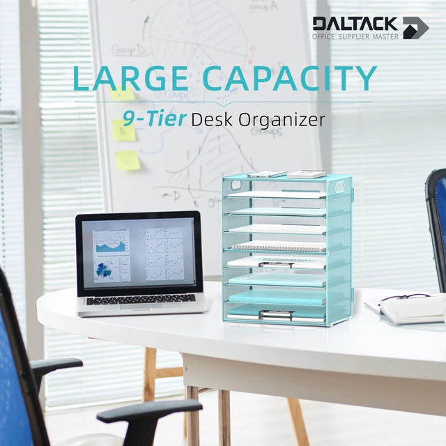 Alt view image 2 of 6 - 9-Tier Paper Organizer for Desk, Metal Mesh Letter Tray with Handles, Blue Desk File Organizer with Removable Trays for Sorting Files, Folders, Mail and Printer Paper at Home, School or Office