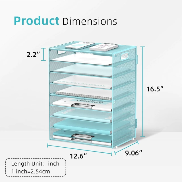 Alt view image 3 of 6 - 9-Tier Paper Organizer for Desk, Metal Mesh Letter Tray with Handles, Blue Desk File Organizer with Removable Trays for Sorting Files, Folders, Mail and Printer Paper at Home, School or Office