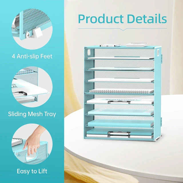 Alt view image 5 of 6 - 9-Tier Paper Organizer for Desk, Metal Mesh Letter Tray with Handles, Blue Desk File Organizer with Removable Trays for Sorting Files, Folders, Mail and Printer Paper at Home, School or Office
