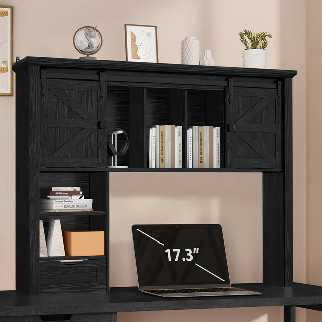 Main image of Large Desktop Bookshelf, 47.2" Desk Shelf with Sliding Barn Door Makeup Storage Rack Desktop Organizer Storage Rack with 7 Cubbies and Drawer Desk Shelf for Office, Dorm, Vanity, Home, Black