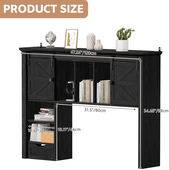 Alt view image 2 of 7 - Large Desktop Bookshelf, 47.2" Desk Shelf with Sliding Barn Door Makeup Storage Rack Desktop Organizer Storage Rack with 7 Cubbies and Drawer Desk Shelf for Office, Dorm, Vanity, Home, Black