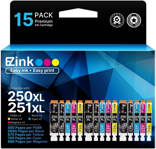 Main image of 250XL 251XL Ink Cartridge for Canon PGI-250XL CLI-251XL for MX922 (15 Pack) Compatible for Canon PGI 250 XL CLI 251 XL work with PIXMA MX922 MX920 IP8720 iX6820 IP7220 MG5520 (3 PGBK, 3C, 3M, 3Y, 3B)
