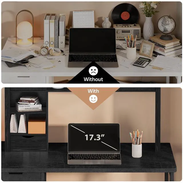 Alt view image 4 of 7 - Large Desktop Bookshelf, 47.2" Desk Shelf with Sliding Barn Door Makeup Storage Rack Desktop Organizer Storage Rack with 7 Cubbies and Drawer Desk Shelf for Office, Dorm, Vanity, Home, Black