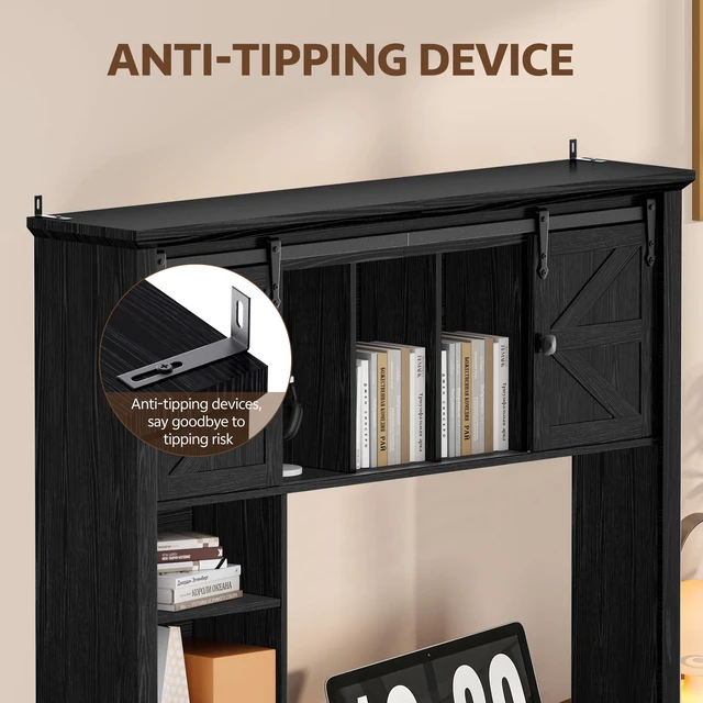Alt view image 6 of 7 - Large Desktop Bookshelf, 47.2" Desk Shelf with Sliding Barn Door Makeup Storage Rack Desktop Organizer Storage Rack with 7 Cubbies and Drawer Desk Shelf for Office, Dorm, Vanity, Home, Black