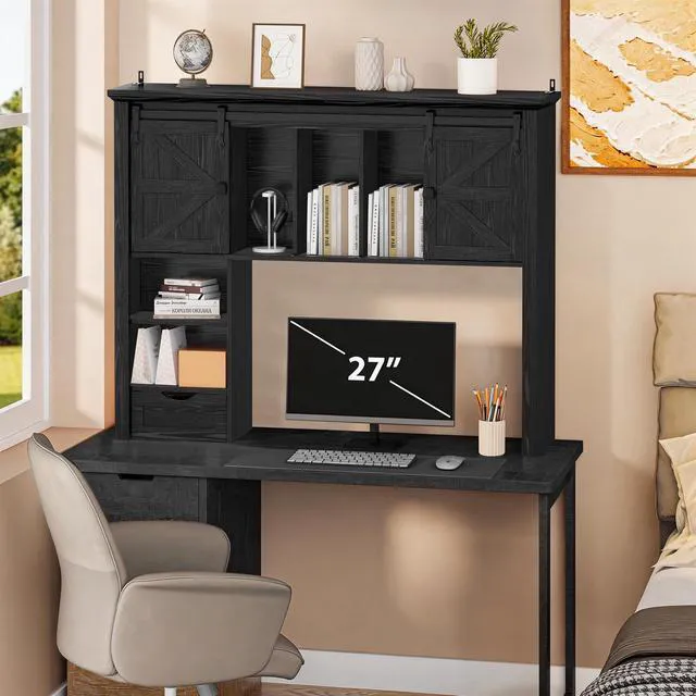 Alt view image 7 of 7 - Large Desktop Bookshelf, 47.2" Desk Shelf with Sliding Barn Door Makeup Storage Rack Desktop Organizer Storage Rack with 7 Cubbies and Drawer Desk Shelf for Office, Dorm, Vanity, Home, Black