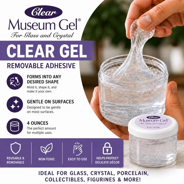 Alt view image 2 of 6 - Ready America 33111 Museum Gel 4 oz, Clear Removable Clear Gel Secures Glass, Crystal, Collectibles, Figurines, and Vases, Reducing Sliding, Tipping, and Breakage Risks